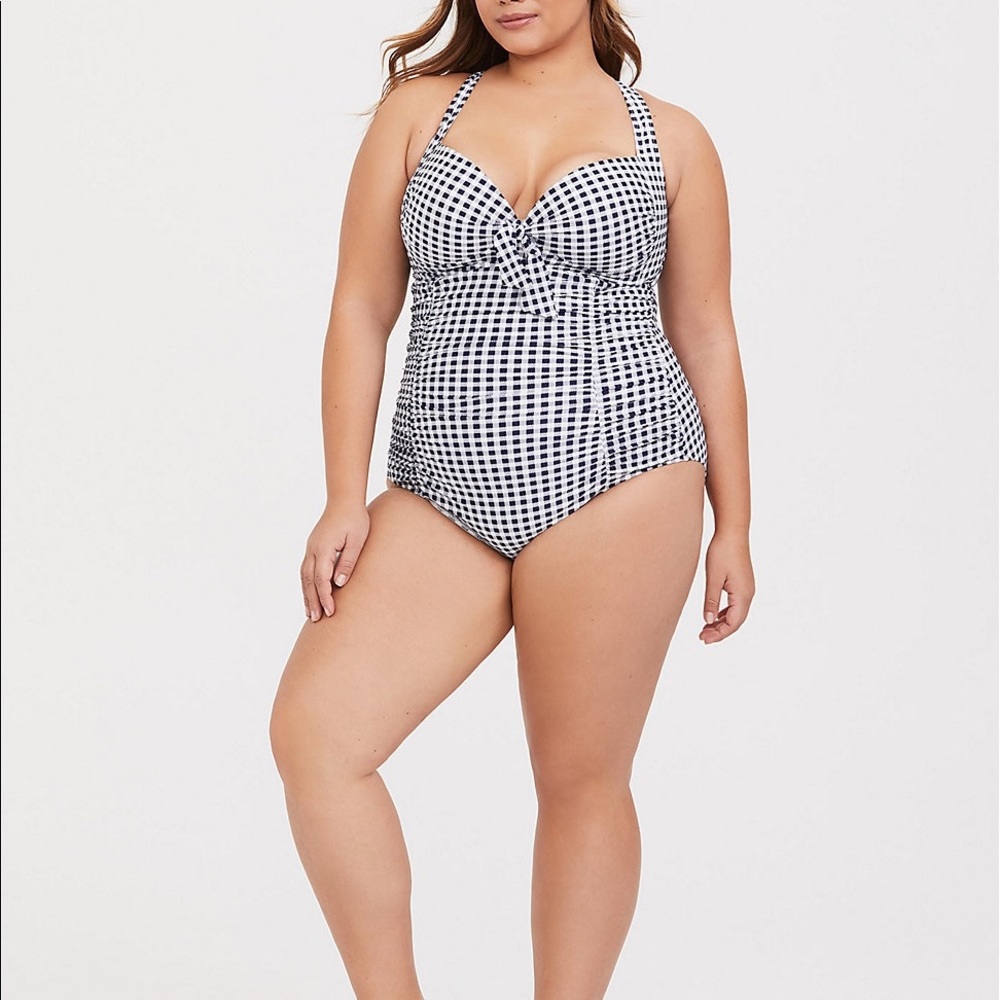 💕SOLD💕 Blue Gingham Ruched One Piece Swimsuit - Picture 2 of 4